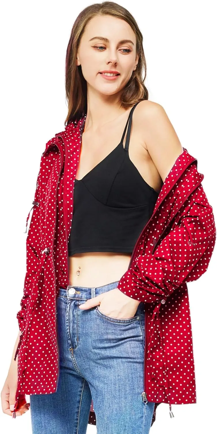 TRATENBY Rain-Jacket Women-Waterproof Lightweight-Packable Hood-Raincoat — Travel Windbreaker Coat in A Pouch Polka Dot