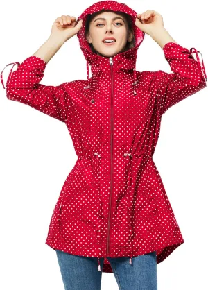 TRATENBY Rain-Jacket Women-Waterproof Lightweight-Packable Hood-Raincoat — Travel Windbreaker Coat in A Pouch Polka Dot
