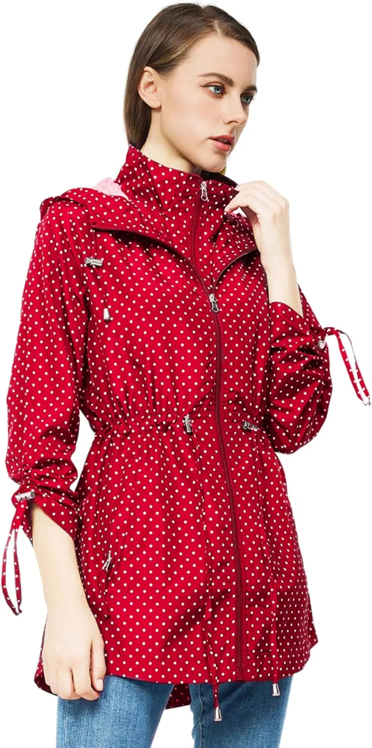 TRATENBY Rain-Jacket Women-Waterproof Lightweight-Packable Hood-Raincoat — Travel Windbreaker Coat in A Pouch Polka Dot