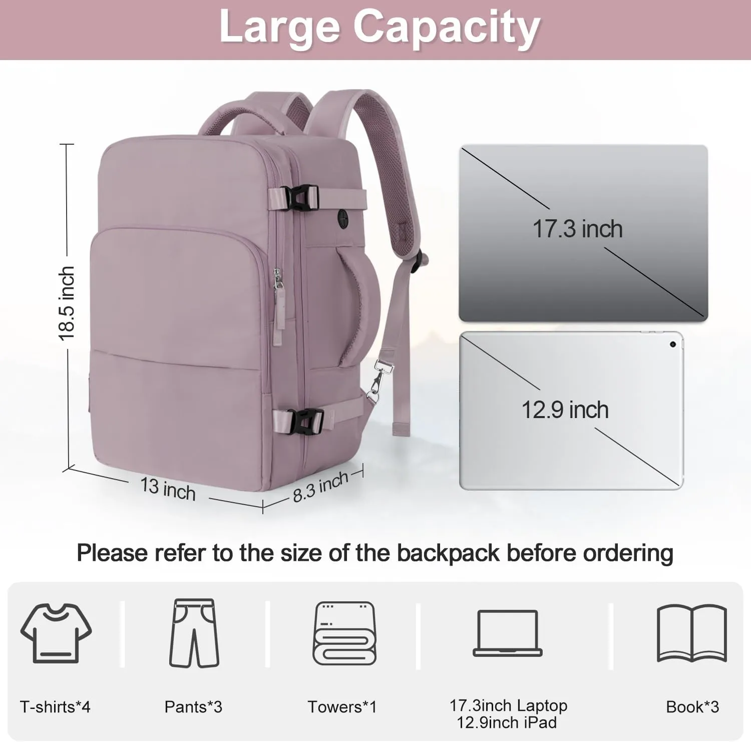 Travel Backpack, Carry on Flight Approved Backpack with Multi-Pockets, TSA Waterproof 17.3inch Laptop Backpack, Personal Item Travel Bag for Men Women, Light Purple