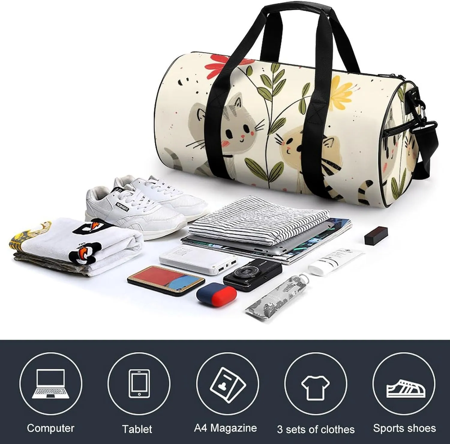 Travel Duffel Bag for Men And Women,Draw Two Cats Waterproof Sports Fitness Bag Portable Travel Duffel Bag