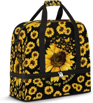 Travel Duffel Bag Summer Sunflower Art Butterfly Sport Gym Bag for Woman Man,Waterproof Foldable Weekend Overnight Bag for Yoga Workout Training with Shoe Compartment