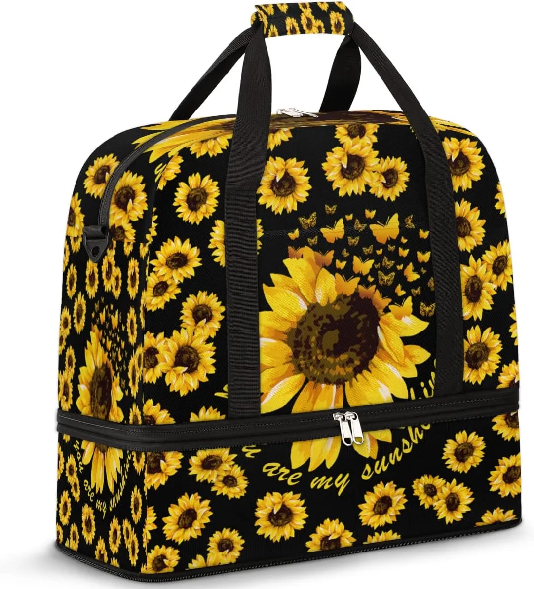 Travel Duffel Bag Summer Sunflower Art Butterfly Sport Gym Bag for Woman Man,Waterproof Foldable Weekend Overnight Bag for Yoga Workout Training with Shoe Compartment