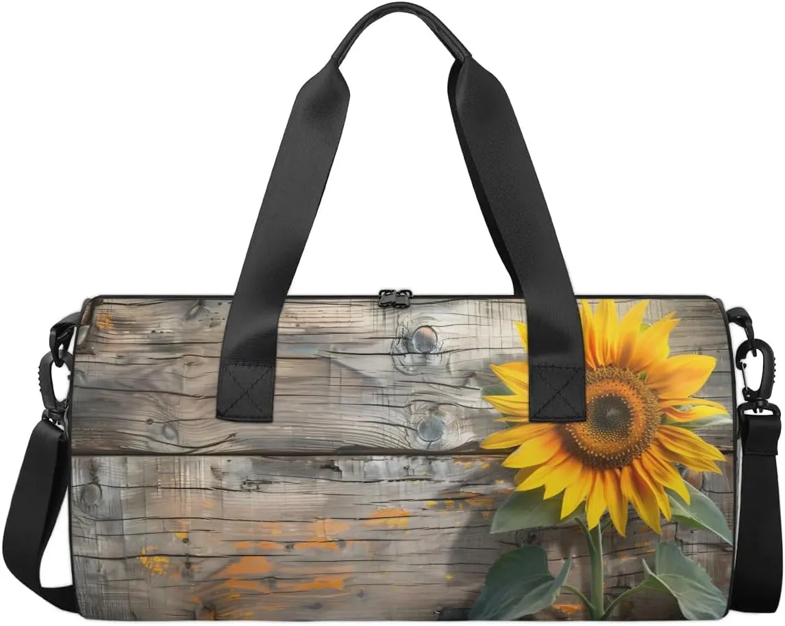 Travel Duffel Bag Wood Sunflowers Sports Gym Bag for Womens Mens, Waterproof Weekend Overnight Bag Lightweight Carry on Bag for Airplanes Yoga Dance Beach Swim Hospital Holdalls,A-1640