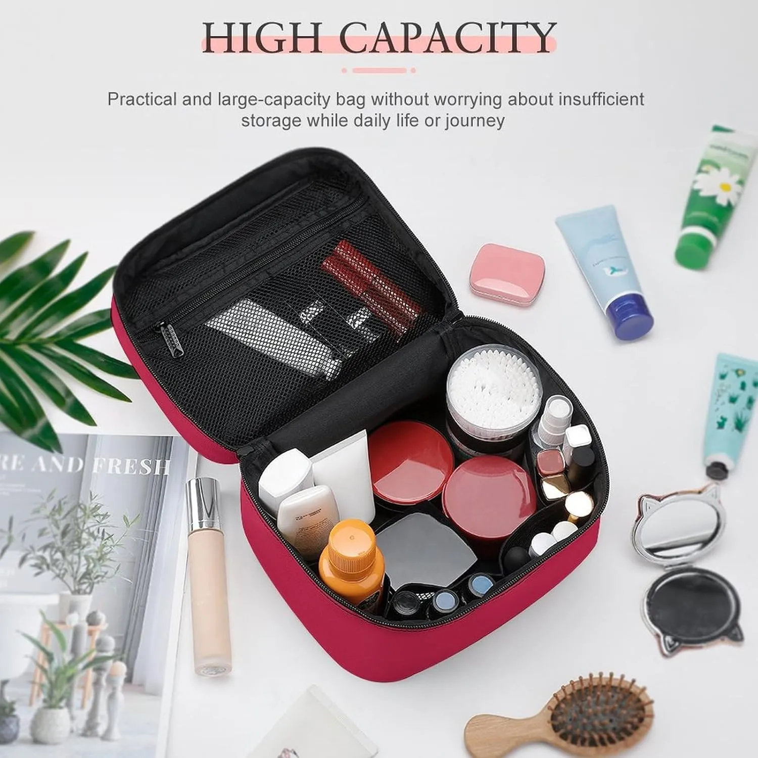 Travel Makeup Bag, Bright Maroon (Solid Color) Cosmetic Bags for Women Large Capacity Waterproof Toiletry Bag Make up Organizer