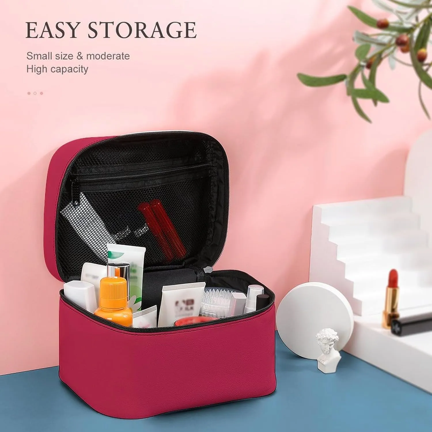Travel Makeup Bag, Bright Maroon (Solid Color) Cosmetic Bags for Women Large Capacity Waterproof Toiletry Bag Make up Organizer