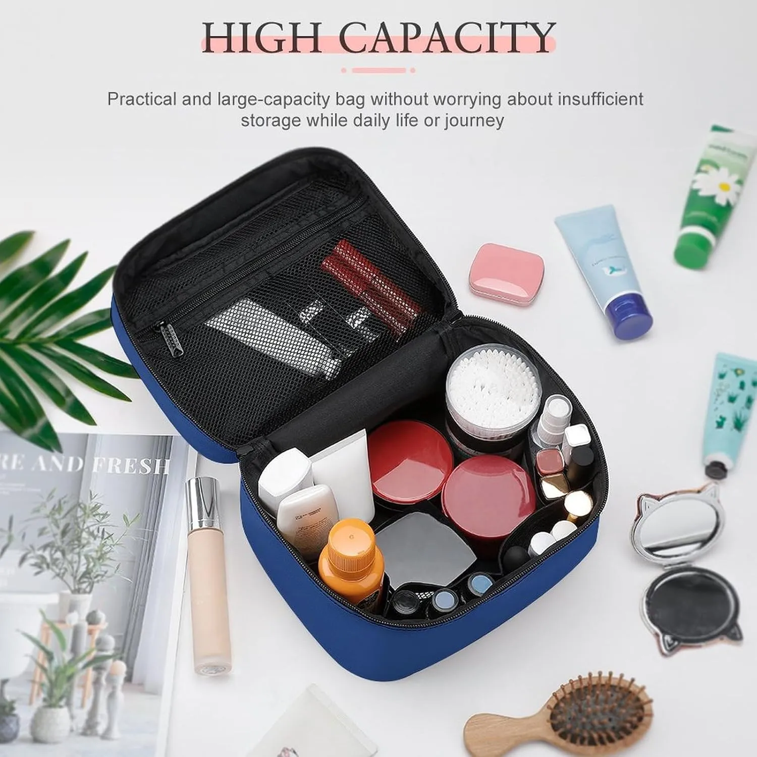 Travel Makeup Bag, Deep Blue Cosmetic Bags for Women Large Capacity Waterproof Toiletry Bag Make up Organizer