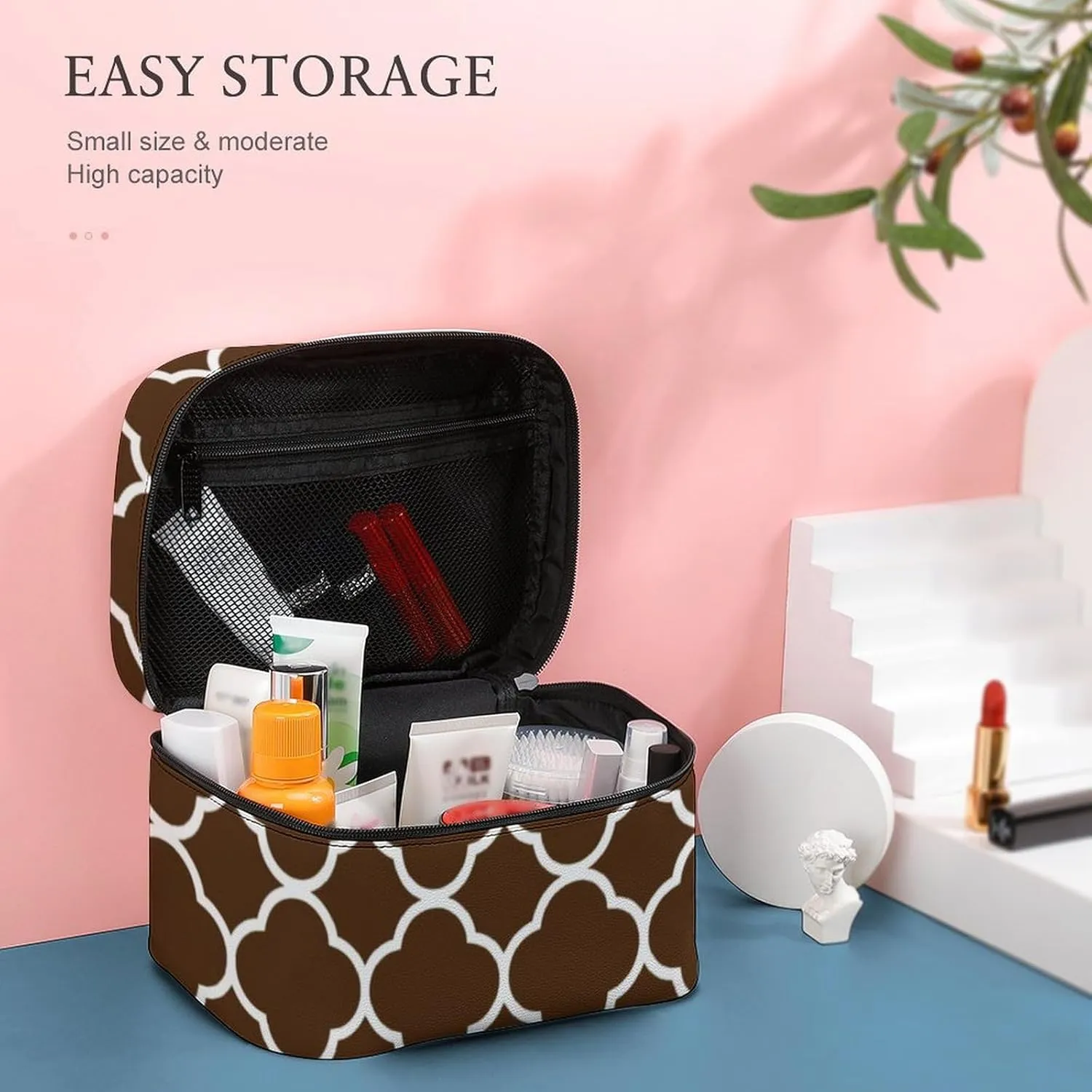 Travel Makeup Bag, Quatrefoil Brown White Cosmetic Bags for Women Large Capacity Waterproof Toiletry Bag Make up Organizer