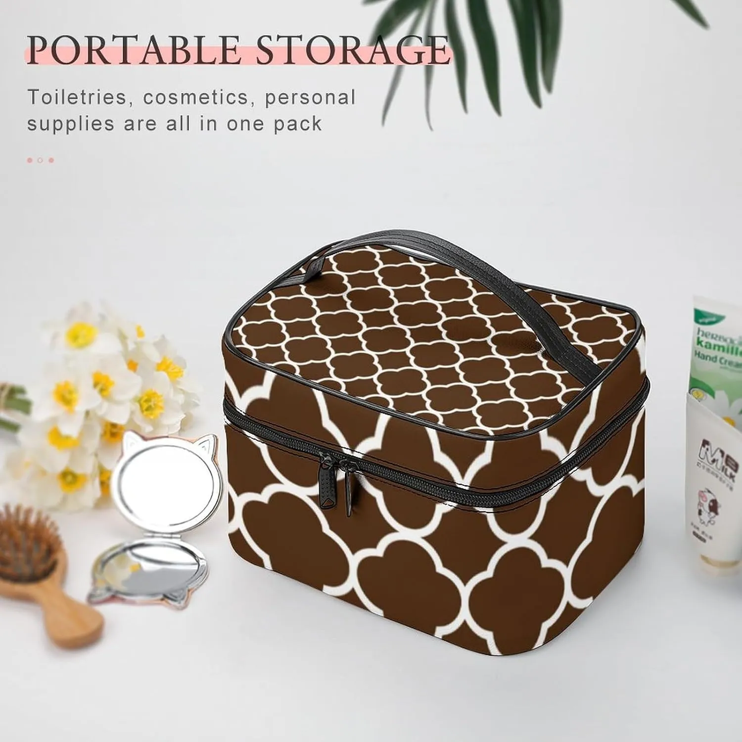 Travel Makeup Bag, Quatrefoil Brown White Cosmetic Bags for Women Large Capacity Waterproof Toiletry Bag Make up Organizer