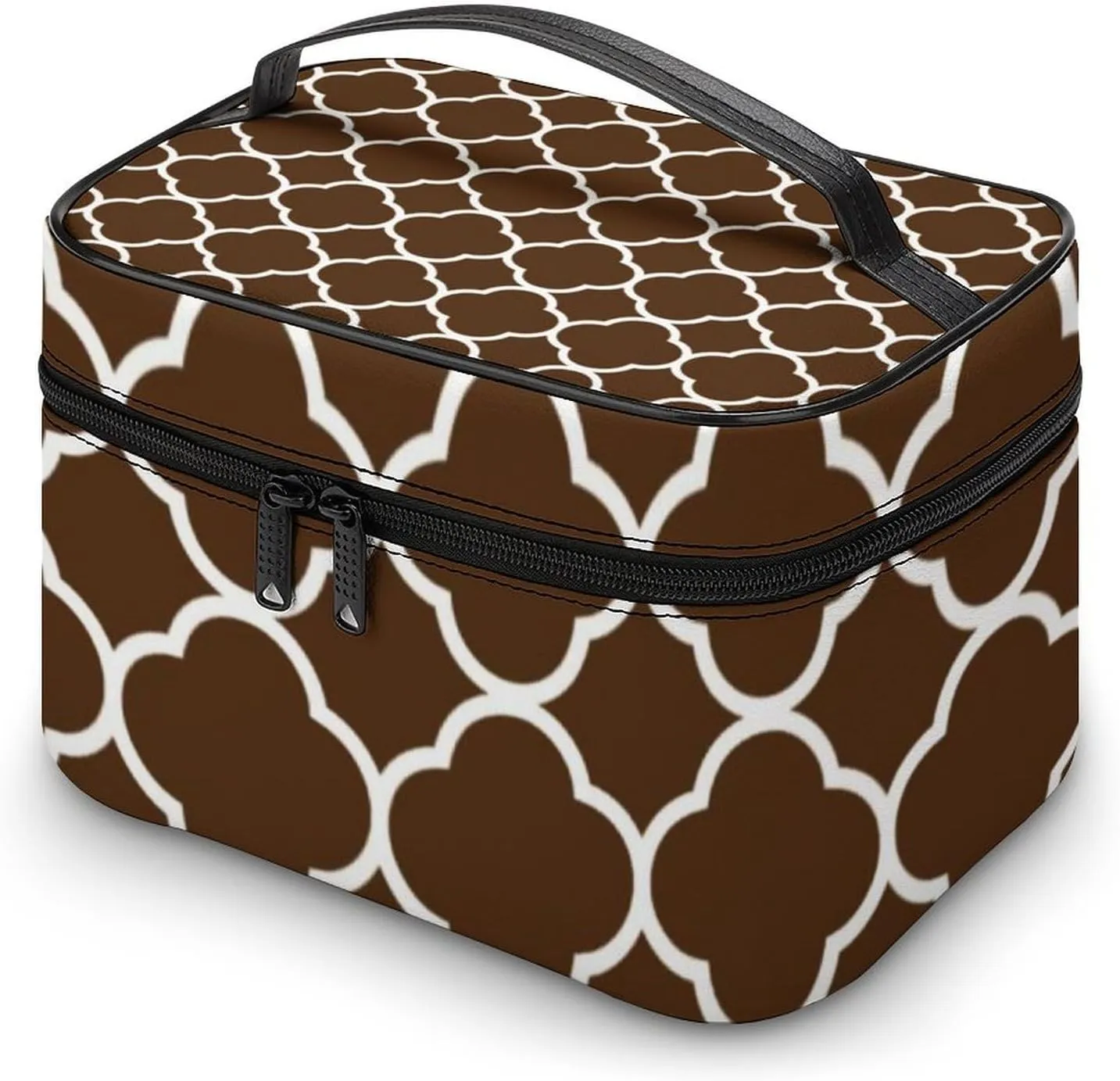 Travel Makeup Bag, Quatrefoil Brown White Cosmetic Bags for Women Large Capacity Waterproof Toiletry Bag Make up Organizer