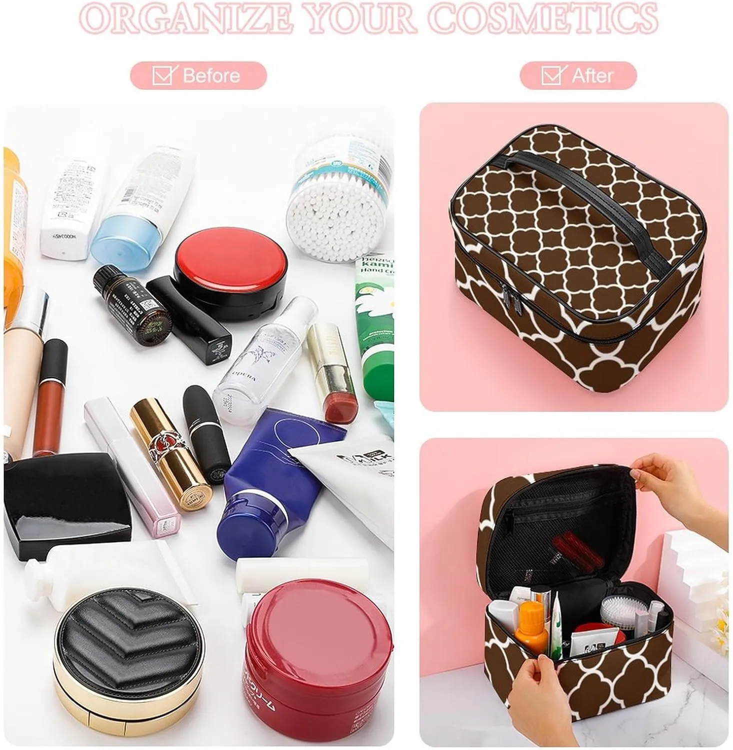 Travel Makeup Bag, Quatrefoil Brown White Cosmetic Bags for Women Large Capacity Waterproof Toiletry Bag Make up Organizer