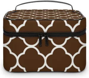 Travel Makeup Bag, Quatrefoil Brown White Cosmetic Bags for Women Large Capacity Waterproof Toiletry Bag Make up Organizer