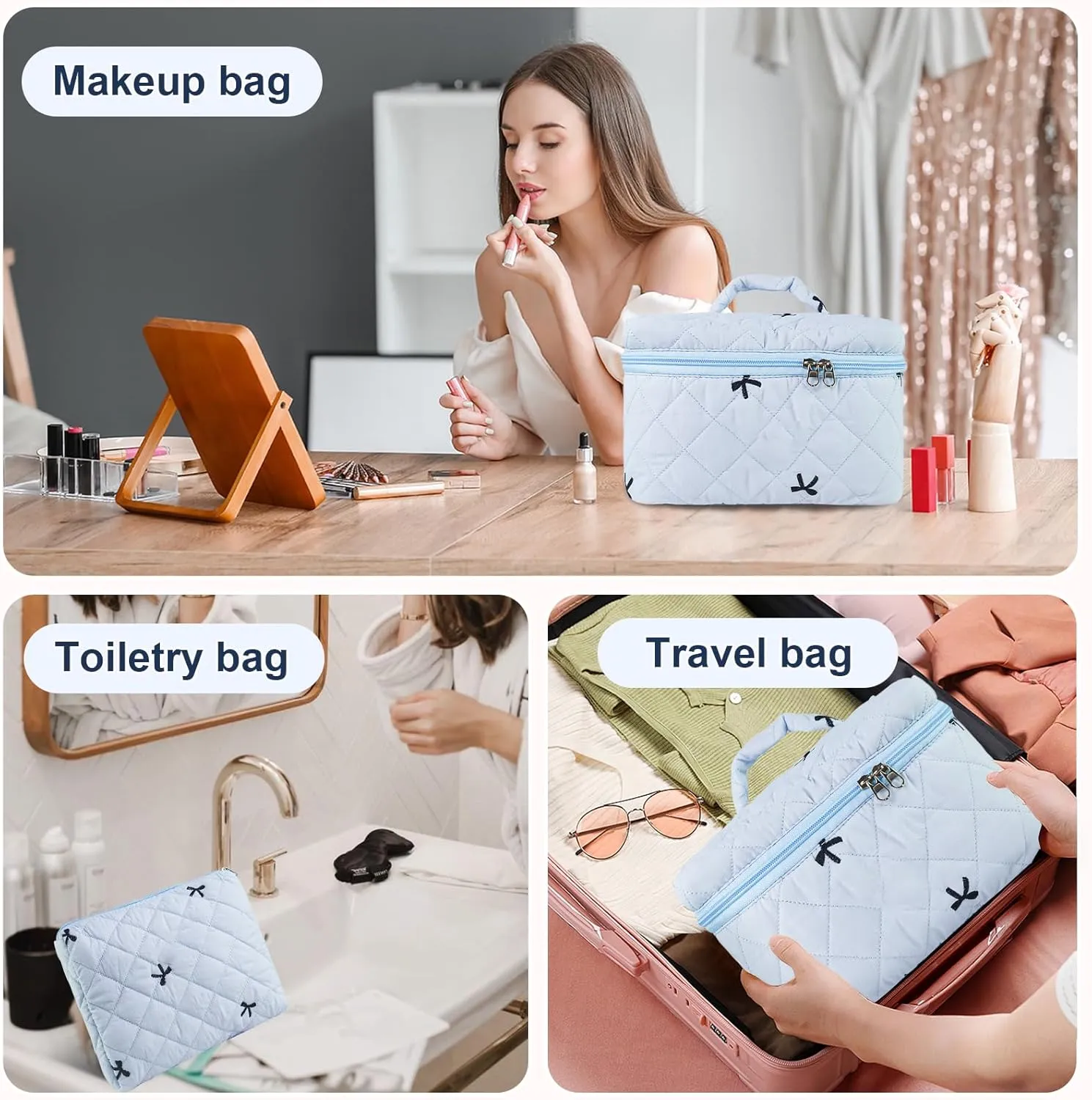 Travel Makeup Bags, Cute Bow Cosmetic Organizer Bag, 4-Set Large Capacity Make up Bag Quilted Toiletry Bag for Women Girls