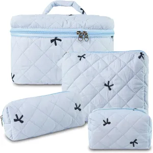 Travel Makeup Bags, Cute Bow Cosmetic Organizer Bag, 4-Set Large Capacity Make up Bag Quilted Toiletry Bag for Women Girls