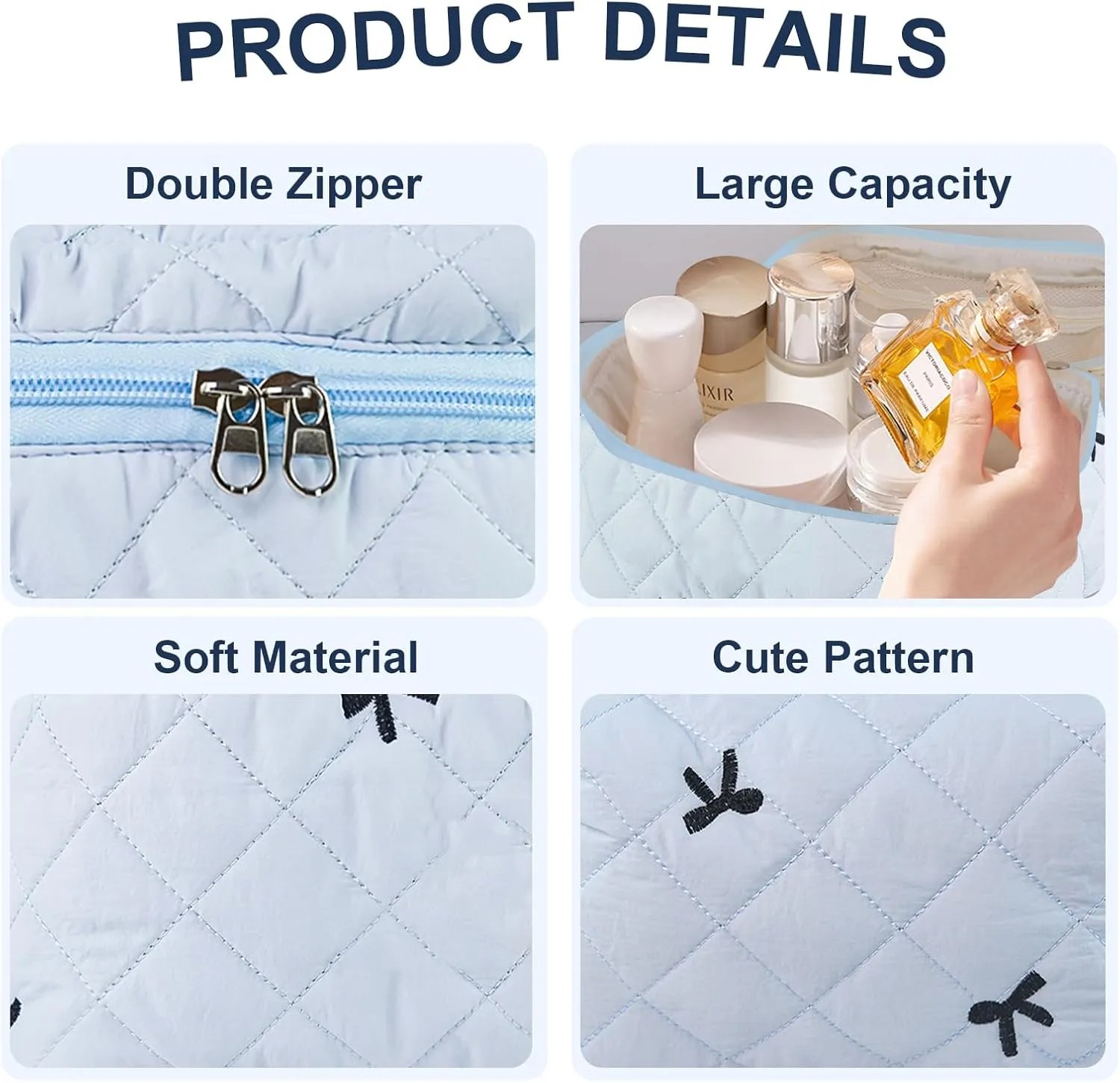 Travel Makeup Bags, Cute Bow Cosmetic Organizer Bag, 4-Set Large Capacity Make up Bag Quilted Toiletry Bag for Women Girls