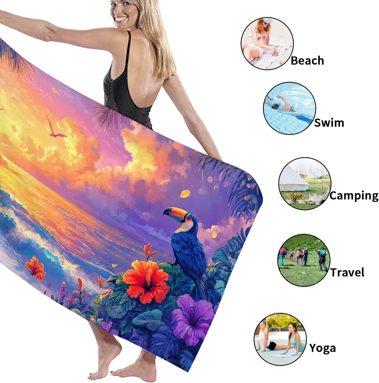 Tropical Sunset Microfiber Beach Towel Vibrant Colors Paradise Landscape Bath Towel, Quick Dry Soft Sand Free Lightweight Beach Blanket, Vacation Pool Picnic Essentials 70x35 Inch