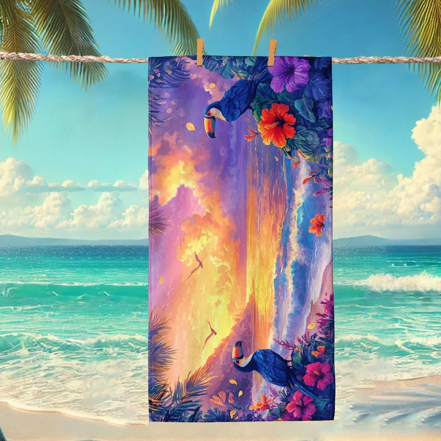 Tropical Sunset Microfiber Beach Towel Vibrant Colors Paradise Landscape Bath Towel, Quick Dry Soft Sand Free Lightweight Beach Blanket, Vacation Pool Picnic Essentials 70x35 Inch