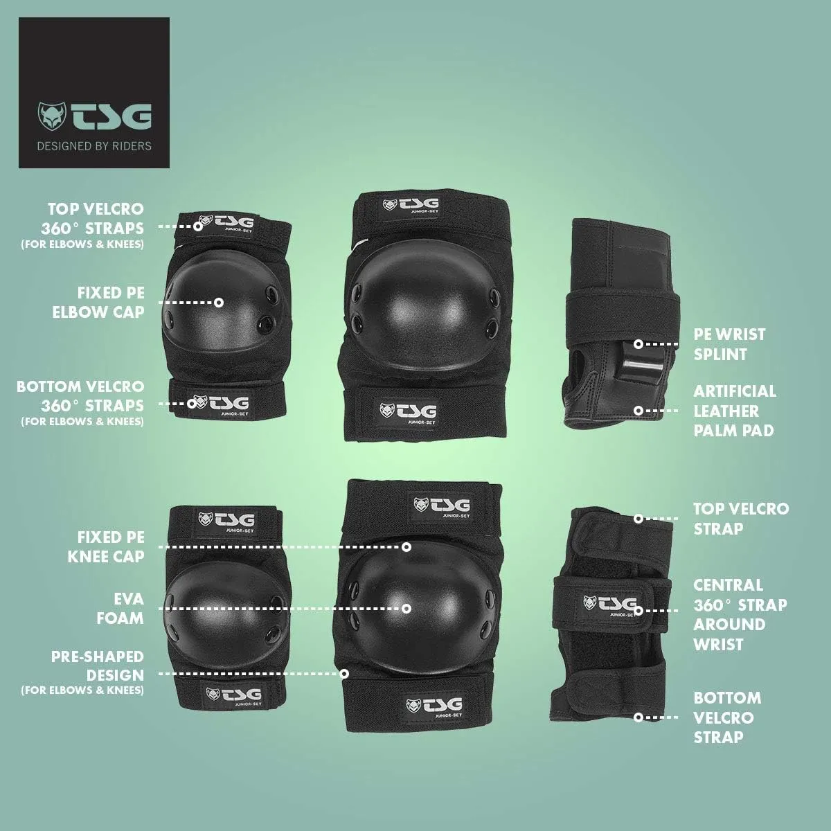TSG Junior Set of Knee Pads, Elbow Pads and Wrist Guards, Skateboarding, Hardshell, Comfortable Wear, EVA Foam, Protection, Safety, Horseshoe Shape, Boys, Girls, Swiss Design