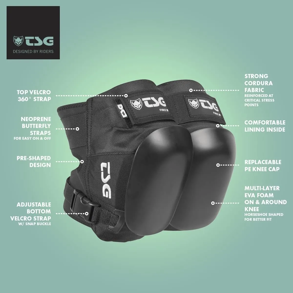 TSG Knee Pads Force III Kneepads - Skateboard, Hardshell, EVA Foam, Protective Gear, Crash Protection, Replaceable PE Cap, Tear Resistant Nylon, Certified, Open Back, Adults, Swiss Design