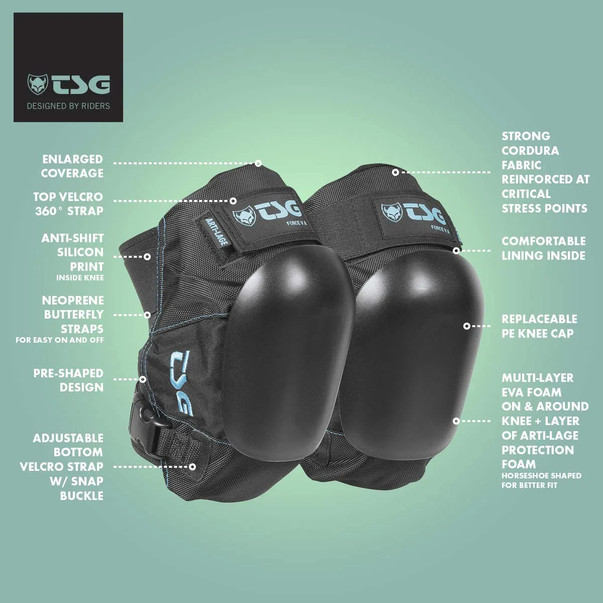 TSG Knee Pads Force V A, Skateboard, Hardshell, EVA and ACF Foam Protection, Nylon, Adults, Certified, Secure Fit, Ergonomic, Slim Profile, Anti Slip, Open Back, Swiss Design