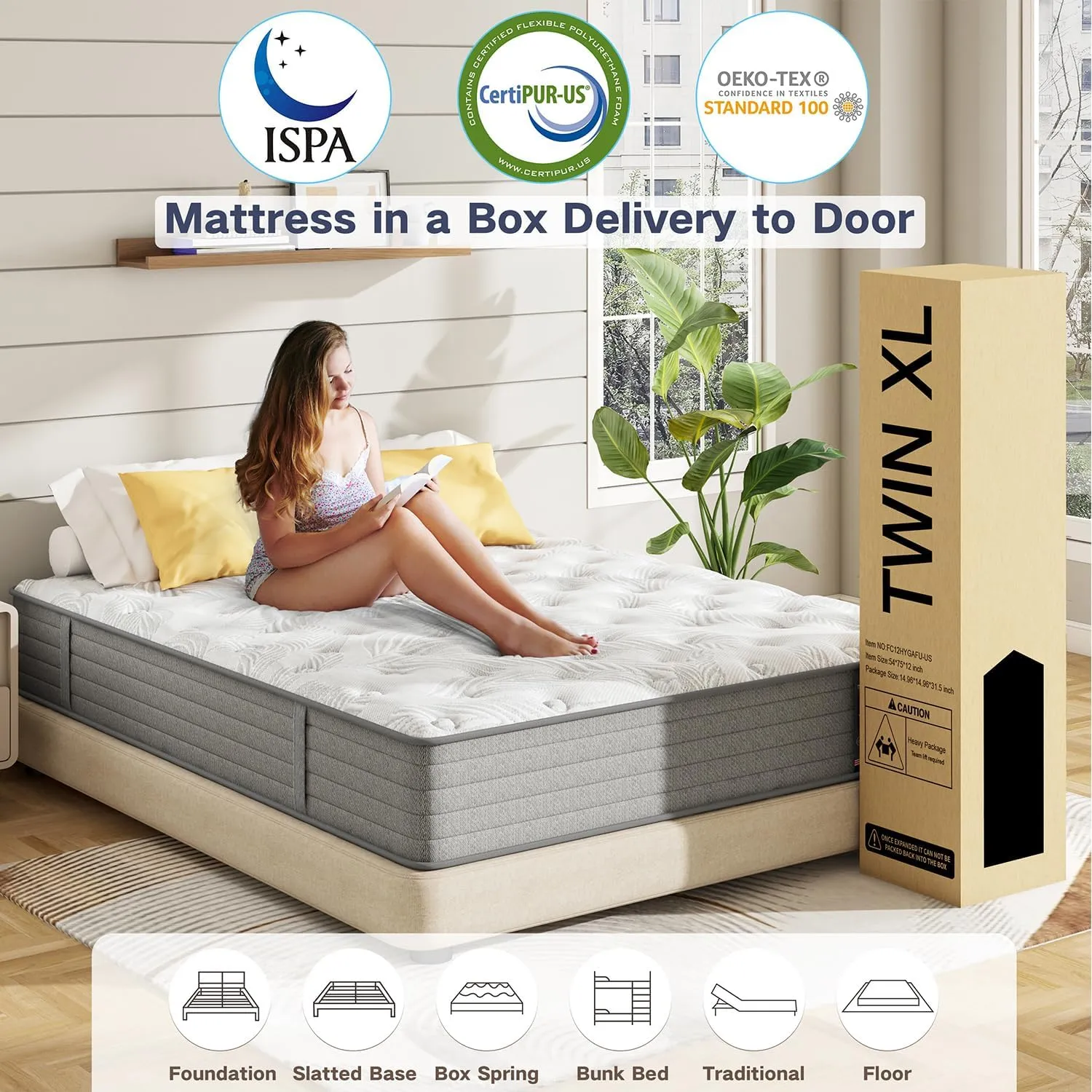 Twin XL Mattress,12 Inch Superior Hybrid XL Twin Mattress in a Box with Gel Memory Foam for Back & Lumbar Support,Individually Pocket Springs for Pressure Relief,Medium Firm,CertiPUR-US,39"*80"*12"