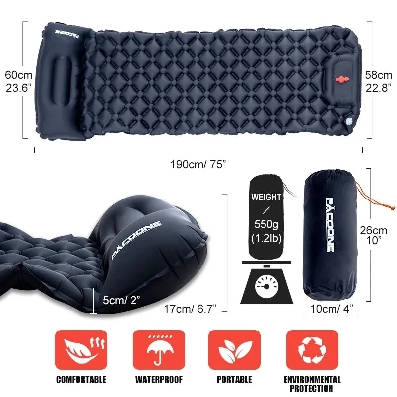 Ultralight Inflatable Camping Sleeping Pad with Pillow - Portable Air Mattress with Built-in Pump for Hiking and Travel