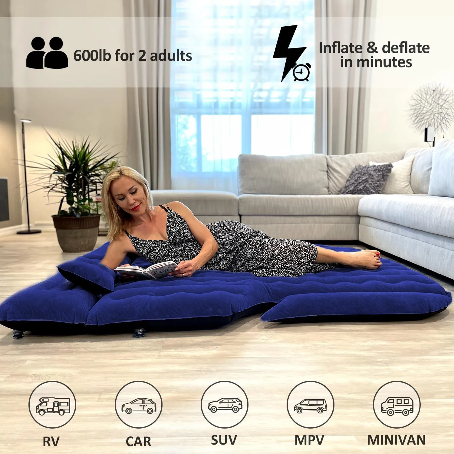Umbrauto SUV Camping Air Mattress: Inflatable Car Bed for Back Trunk Sleeping with Air Pump, Flocking Surface, Heavy-Duty 210T Bottom, Includes Pillows, Repair Kit, Storage Bag & 3-in-1 Nozzles