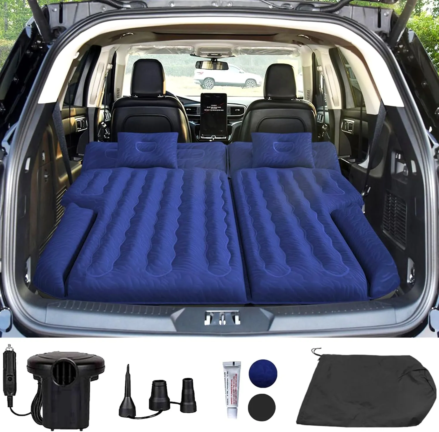 Umbrauto SUV Camping Air Mattress: Inflatable Car Bed for Back Trunk Sleeping with Air Pump, Flocking Surface, Heavy-Duty 210T Bottom, Includes Pillows, Repair Kit, Storage Bag & 3-in-1 Nozzles