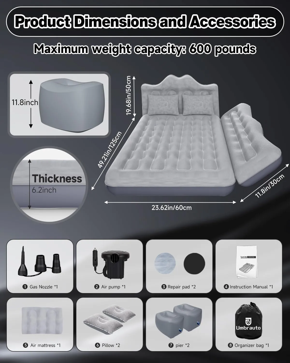 Umbrauto Truck Air Mattress Back Seat| Inflatable Car Camping Mattress Bed for Back Seat, SUV Blow Up Rear Seat Sleeping AirBed for Van Travel with Pump & Pillows