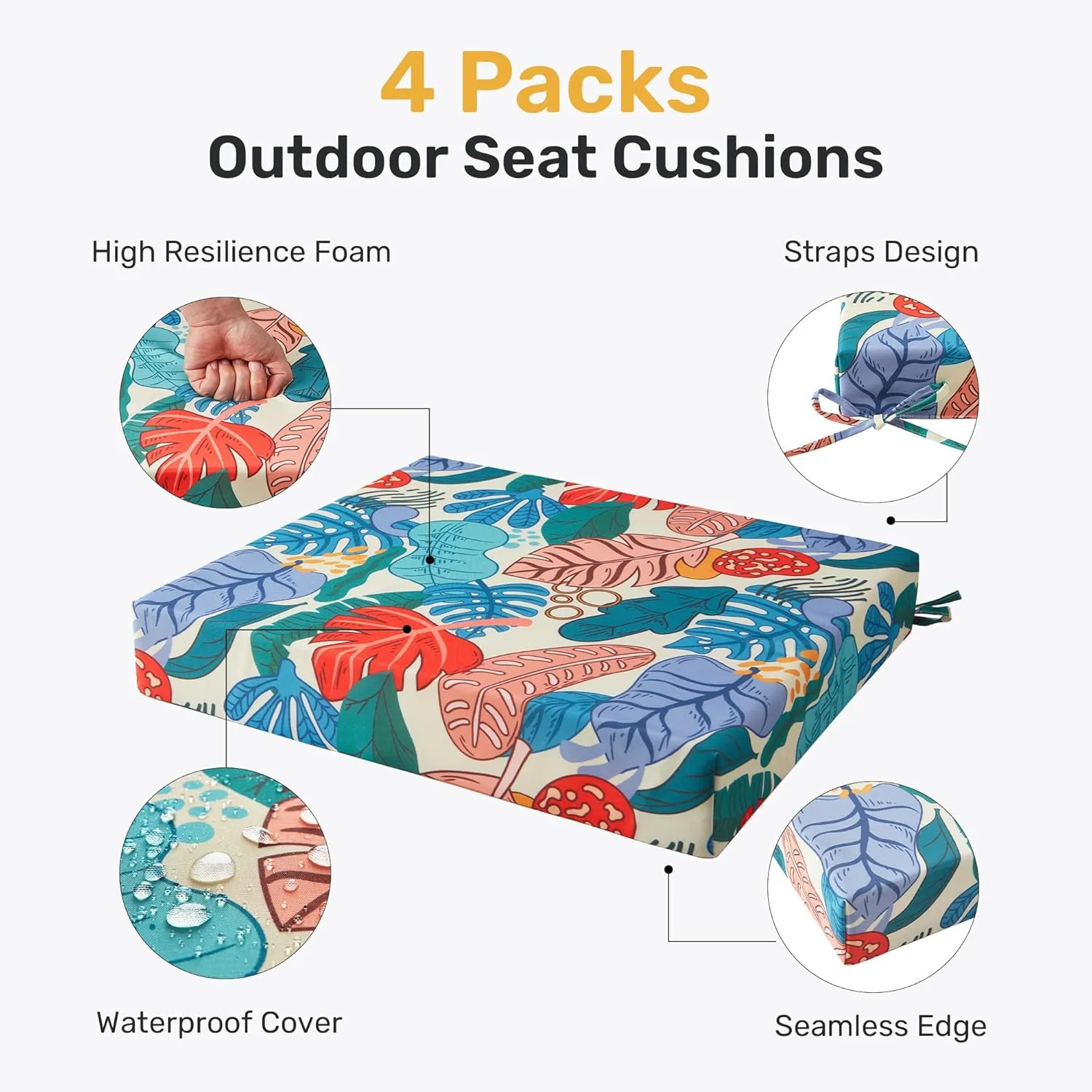 UNIKOME Outdoor Chair Cushions Pack of 4, Water Resistant Patio Cushions with Ties, High Density Sponge Filling Square Corner Seat Cushions for Outdoor Furniture, 18.5"*16"*3", Palm Tropical