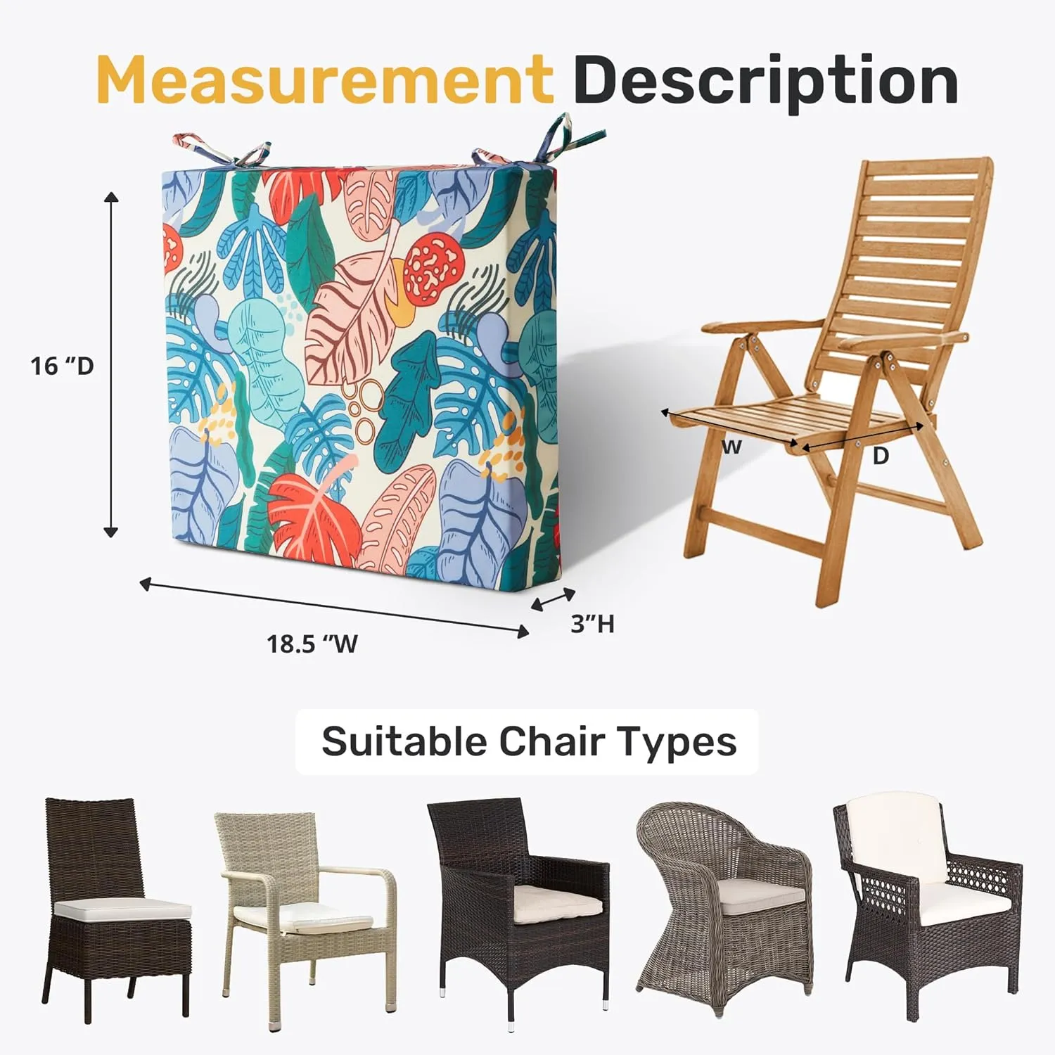 UNIKOME Outdoor Chair Cushions Pack of 4, Water Resistant Patio Cushions with Ties, High Density Sponge Filling Square Corner Seat Cushions for Outdoor Furniture, 18.5"*16"*3", Palm Tropical