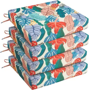 UNIKOME Outdoor Chair Cushions Pack of 4, Water Resistant Patio Cushions with Ties, High Density Sponge Filling Square Corner Seat Cushions for Outdoor Furniture, 18.5"*16"*3", Palm Tropical