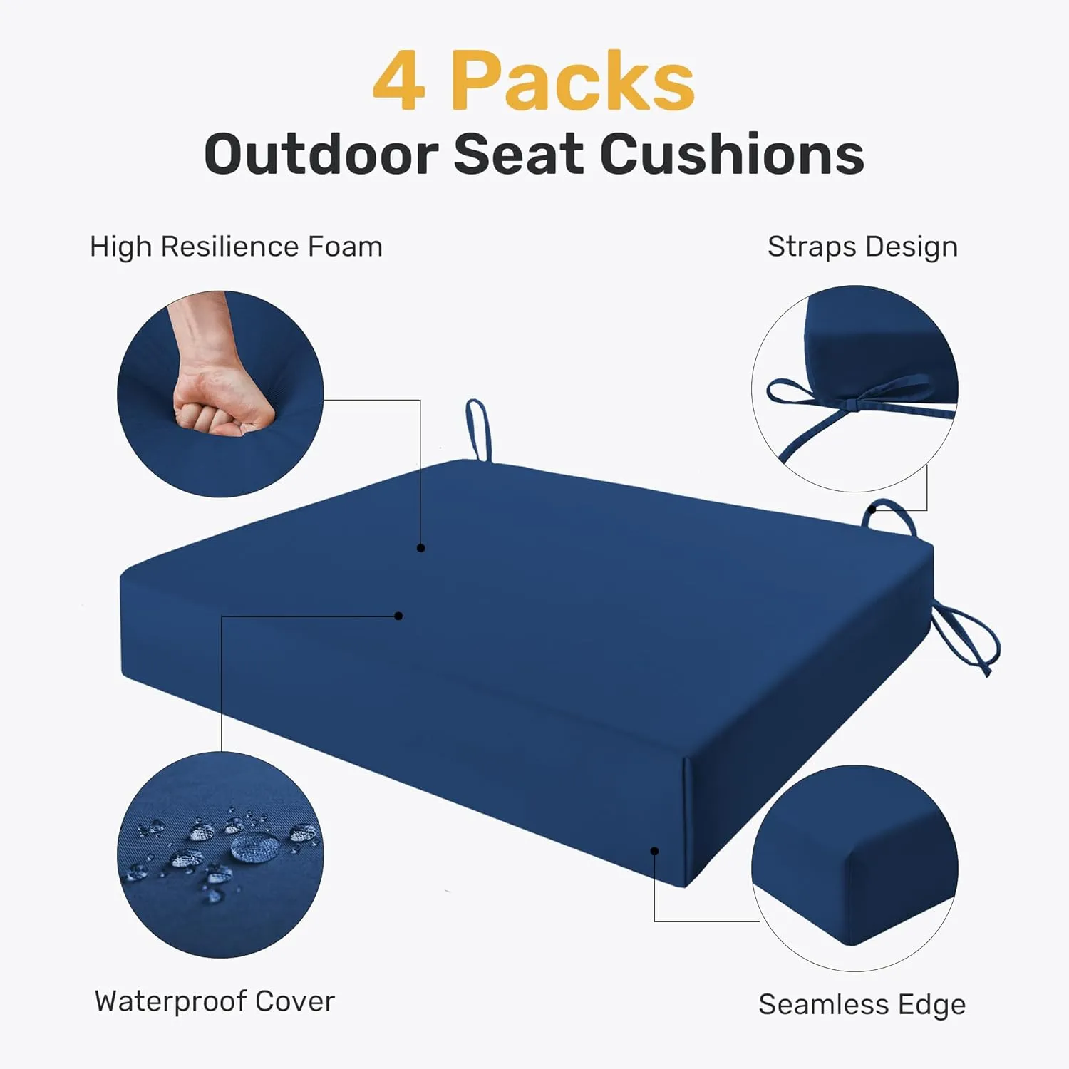 UNIKOME Outdoor Chair Cushions Pack of 4, Water Resistant Patio Cushions with Ties, High Density Sponge Filling Square Corner Seat Cushions for Outdoor Furniture, 18.5"x16"x3", Navy Blue