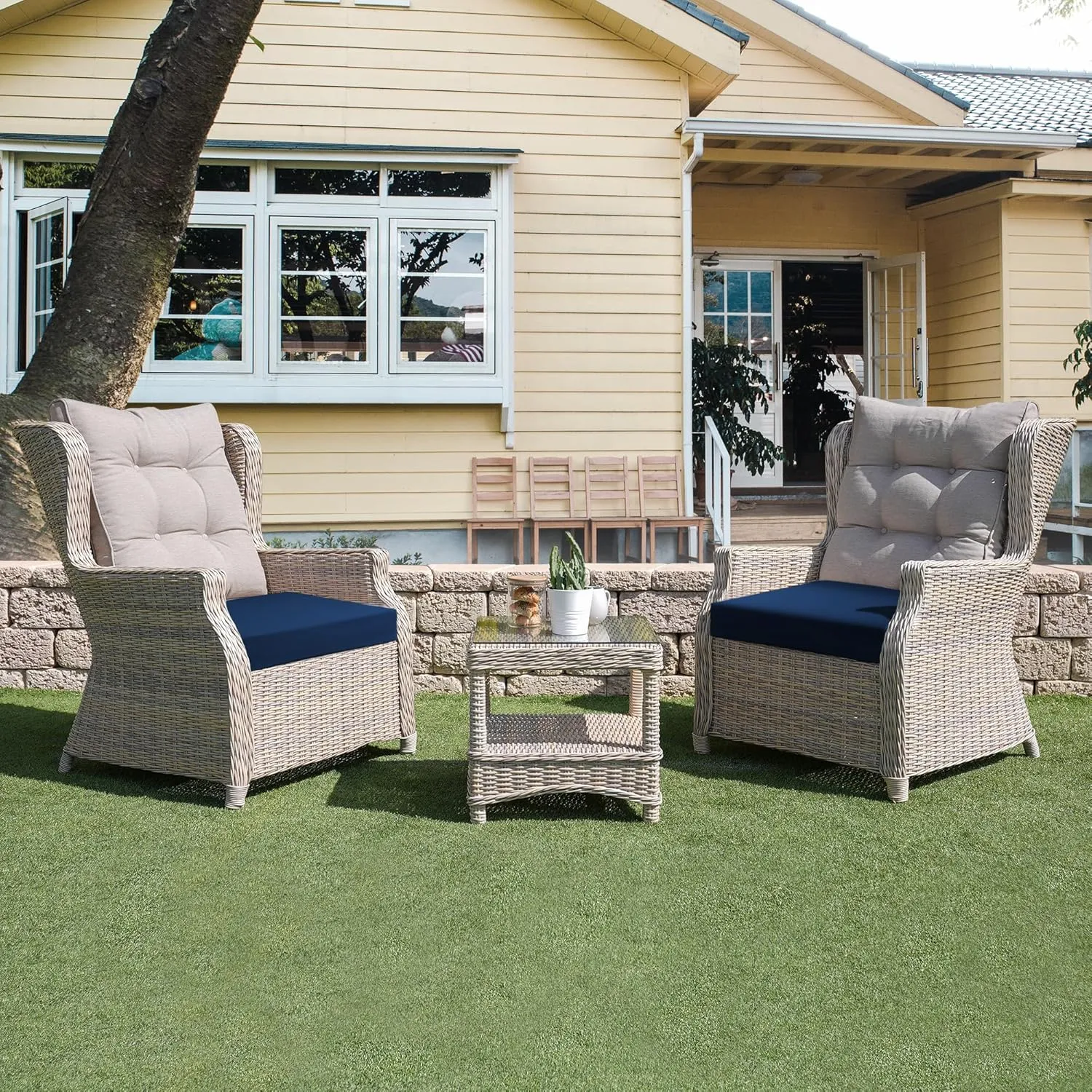 UNIKOME Outdoor Chair Cushions Pack of 4, Water Resistant Patio Cushions with Ties, High Density Sponge Filling Square Corner Seat Cushions for Outdoor Furniture, 18.5"x16"x3", Navy Blue