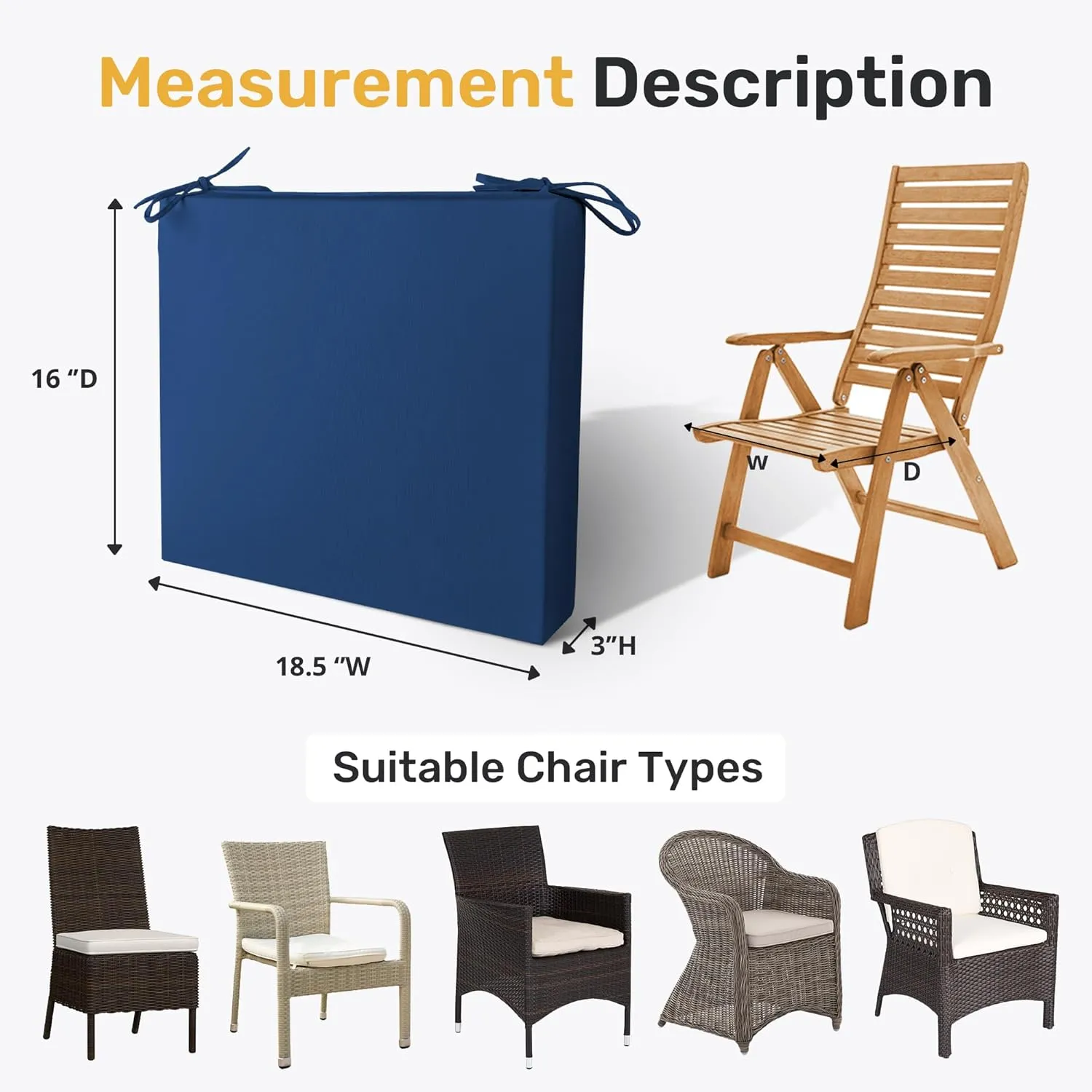 UNIKOME Outdoor Chair Cushions Pack of 4, Water Resistant Patio Cushions with Ties, High Density Sponge Filling Square Corner Seat Cushions for Outdoor Furniture, 18.5"x16"x3", Navy Blue