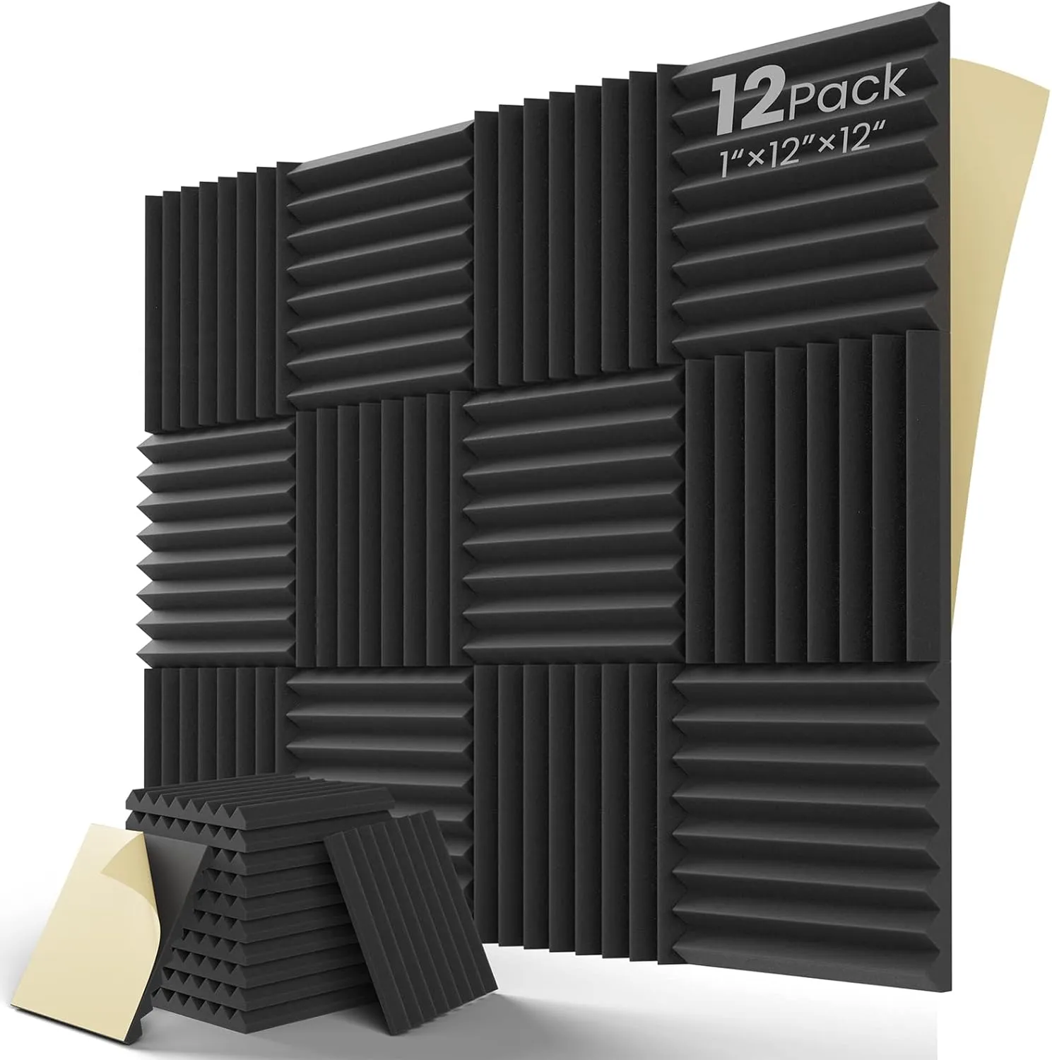 Upgrade 12 pack Sound Proof Foam Panels With Self-Adhesive, 1" X 12" X 12" Acoustic Panels Quick-Recovery, Acoustic Foam Wedges High Density (12pcs, Black)