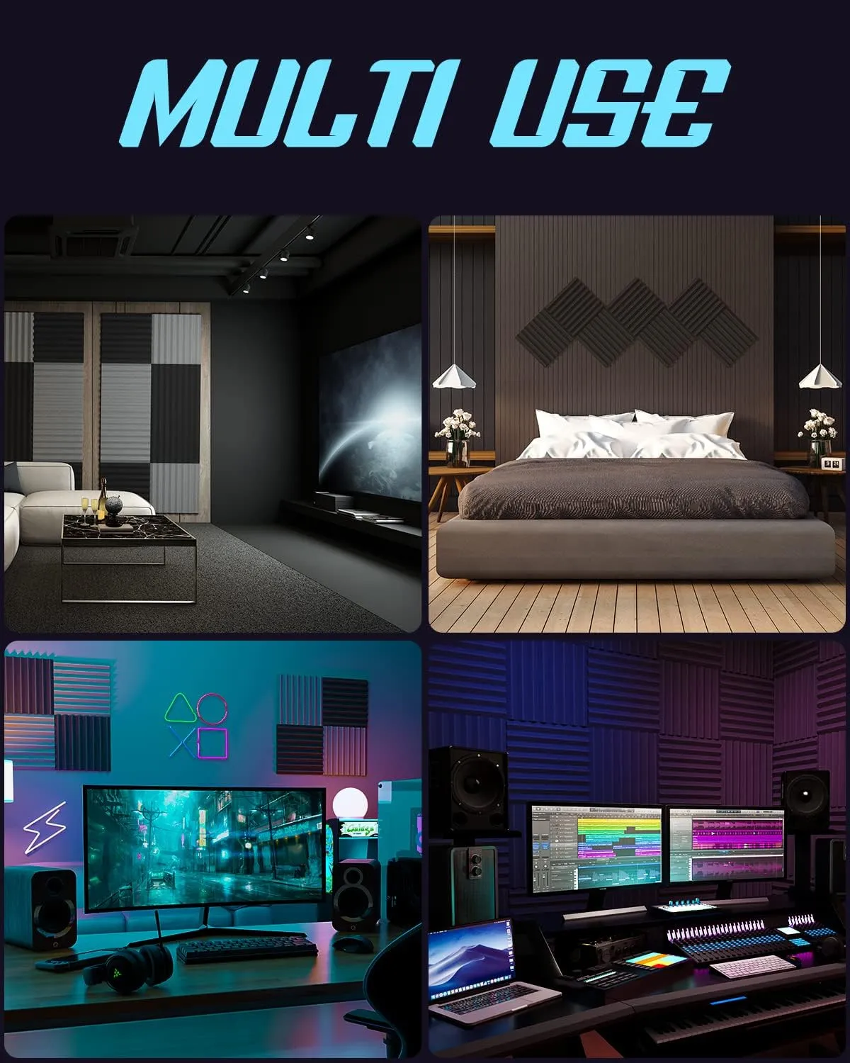 Upgrade 12 pack Sound Proof Foam Panels With Self-Adhesive, 1" X 12" X 12" Acoustic Panels Quick-Recovery, Acoustic Foam Wedges High Density (12pcs, Black)