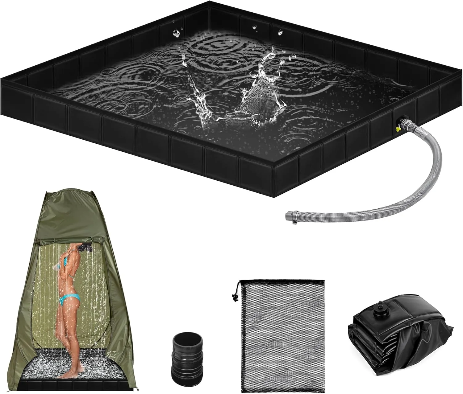 Upgraded Portable Shower Pan 41"x41"x5" - Heavy-Duty Non-Slip Base with Drain Hole & Mesh Storage Bag | Collapsible Camp Shower Tray for RV, Beach, Glamping | Leakproof Outdoor Bath Floor