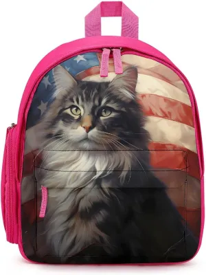USA Flag White Tabby Norwegian Forest Cat Travel Laptop Backpack for Men Women Lightweight Shoulder Bag Work Bag Daypack