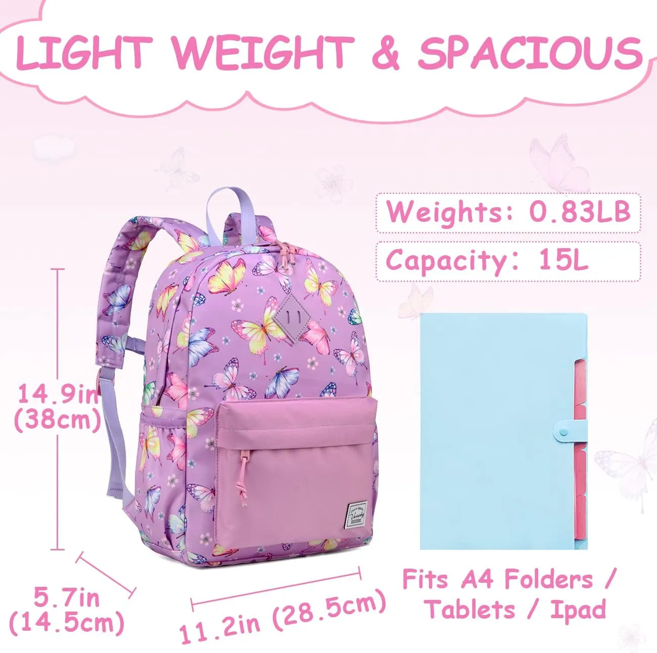 VASCHY Butterfly Backpack for Girls, Kids Water Resistant Lightweight Backpack for Toddlers Daycare Preschool Purple
