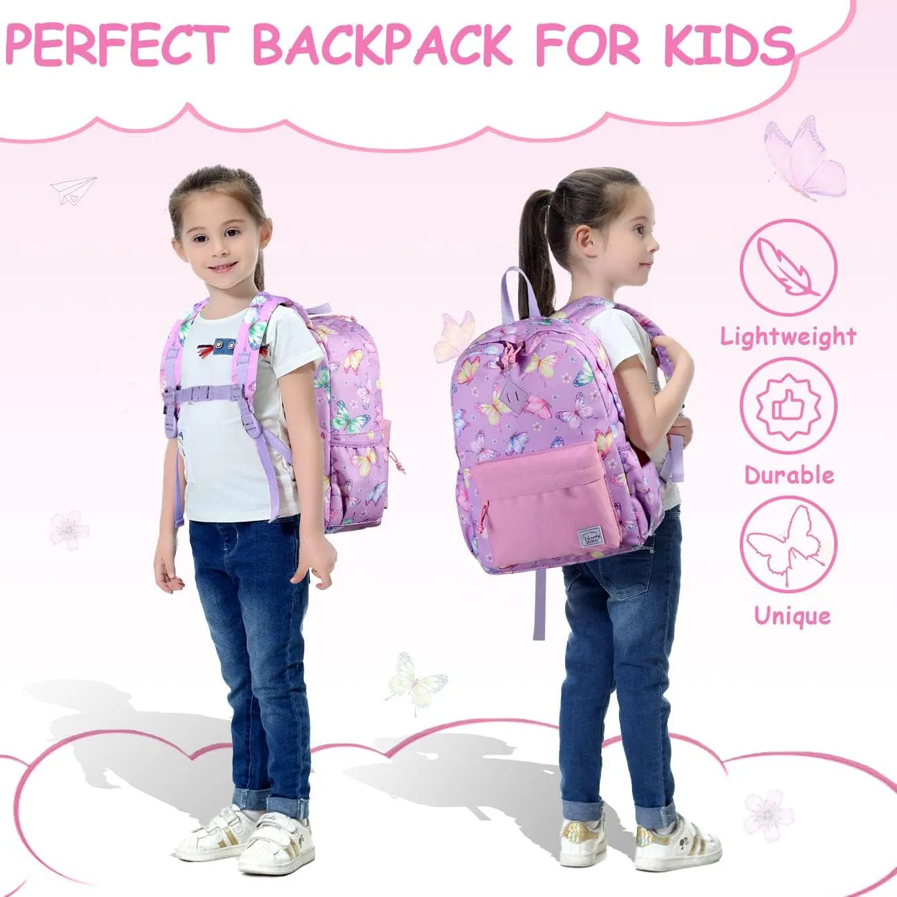 VASCHY Butterfly Backpack for Girls, Kids Water Resistant Lightweight Backpack for Toddlers Daycare Preschool Purple