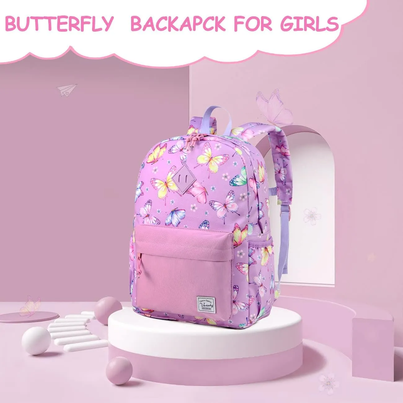 VASCHY Butterfly Backpack for Girls, Kids Water Resistant Lightweight Backpack for Toddlers Daycare Preschool Purple