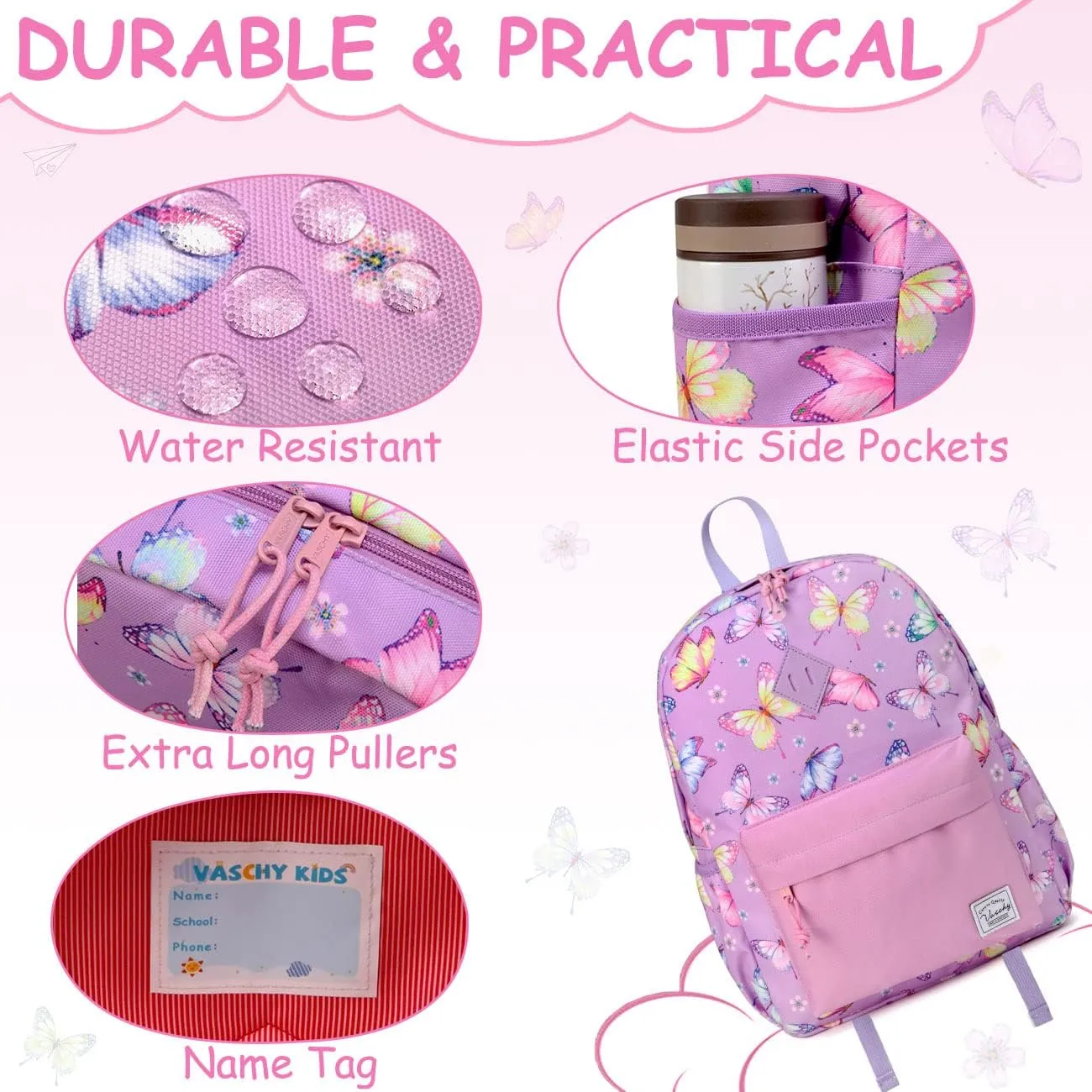VASCHY Butterfly Backpack for Girls, Kids Water Resistant Lightweight Backpack for Toddlers Daycare Preschool Purple