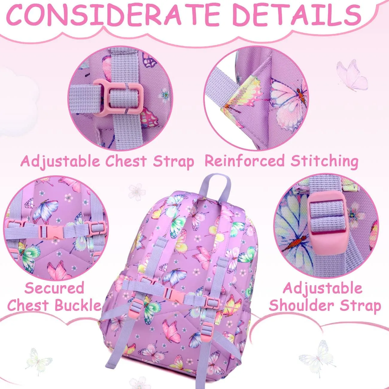 VASCHY Butterfly Backpack for Girls, Kids Water Resistant Lightweight Backpack for Toddlers Daycare Preschool Purple
