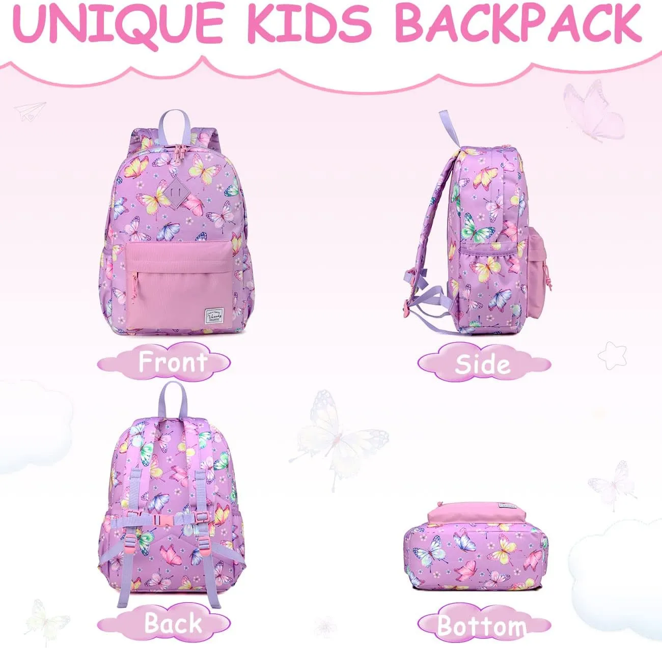 VASCHY Butterfly Backpack for Girls, Kids Water Resistant Lightweight Backpack for Toddlers Daycare Preschool Purple
