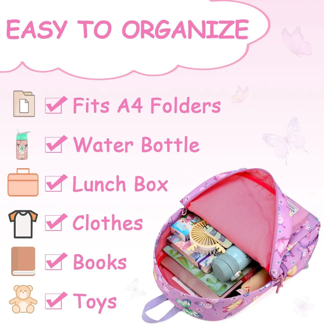 VASCHY Butterfly Backpack for Girls, Kids Water Resistant Lightweight Backpack for Toddlers Daycare Preschool Purple
