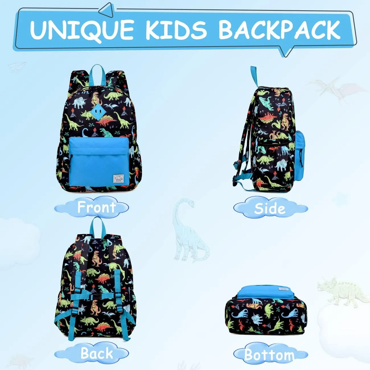 VASCHY Dinosaur Backpack for Boys, Kids Water Resistant Lightweight Backpack for Toddlers Daycare Preschool Blue