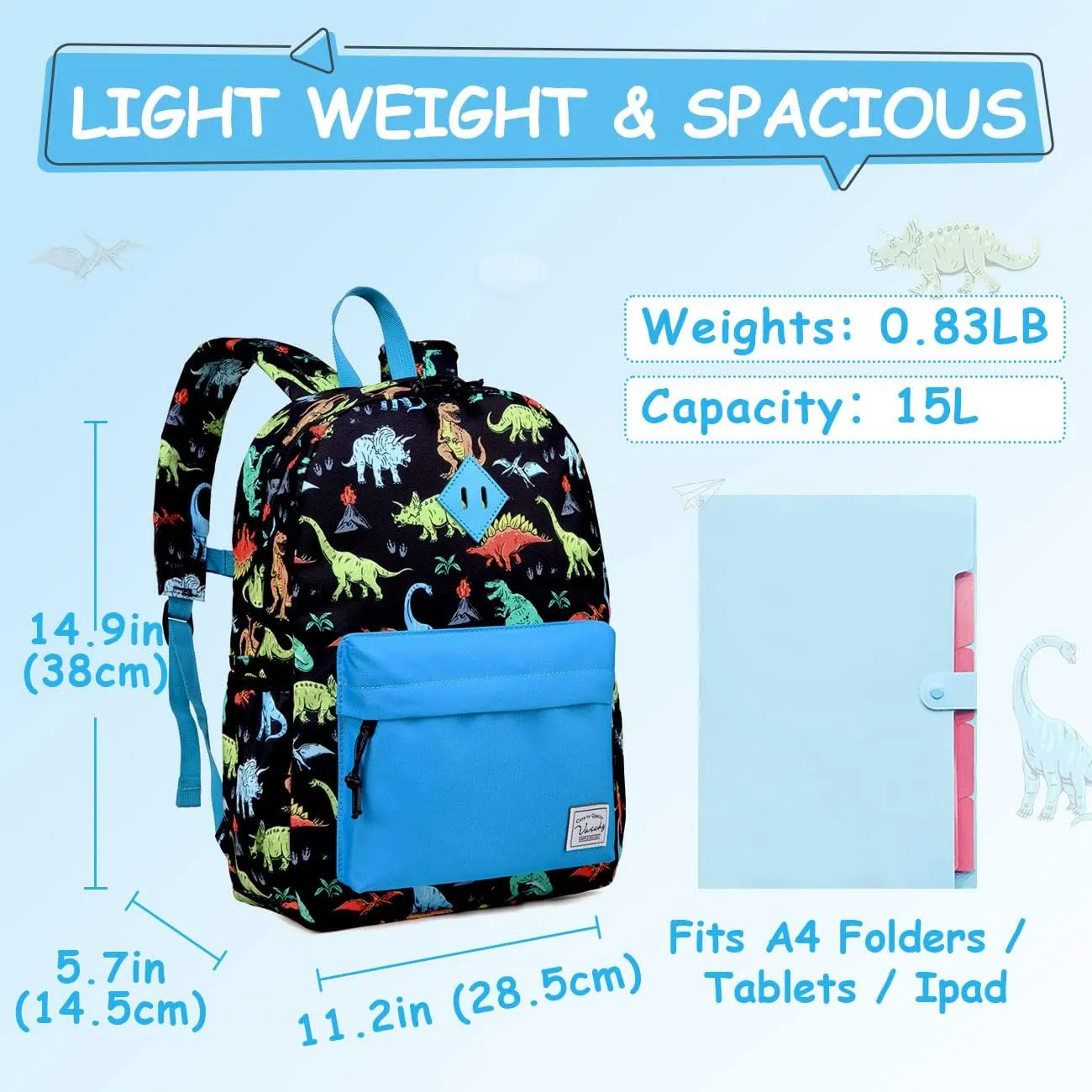 VASCHY Dinosaur Backpack for Boys, Kids Water Resistant Lightweight Backpack for Toddlers Daycare Preschool Blue