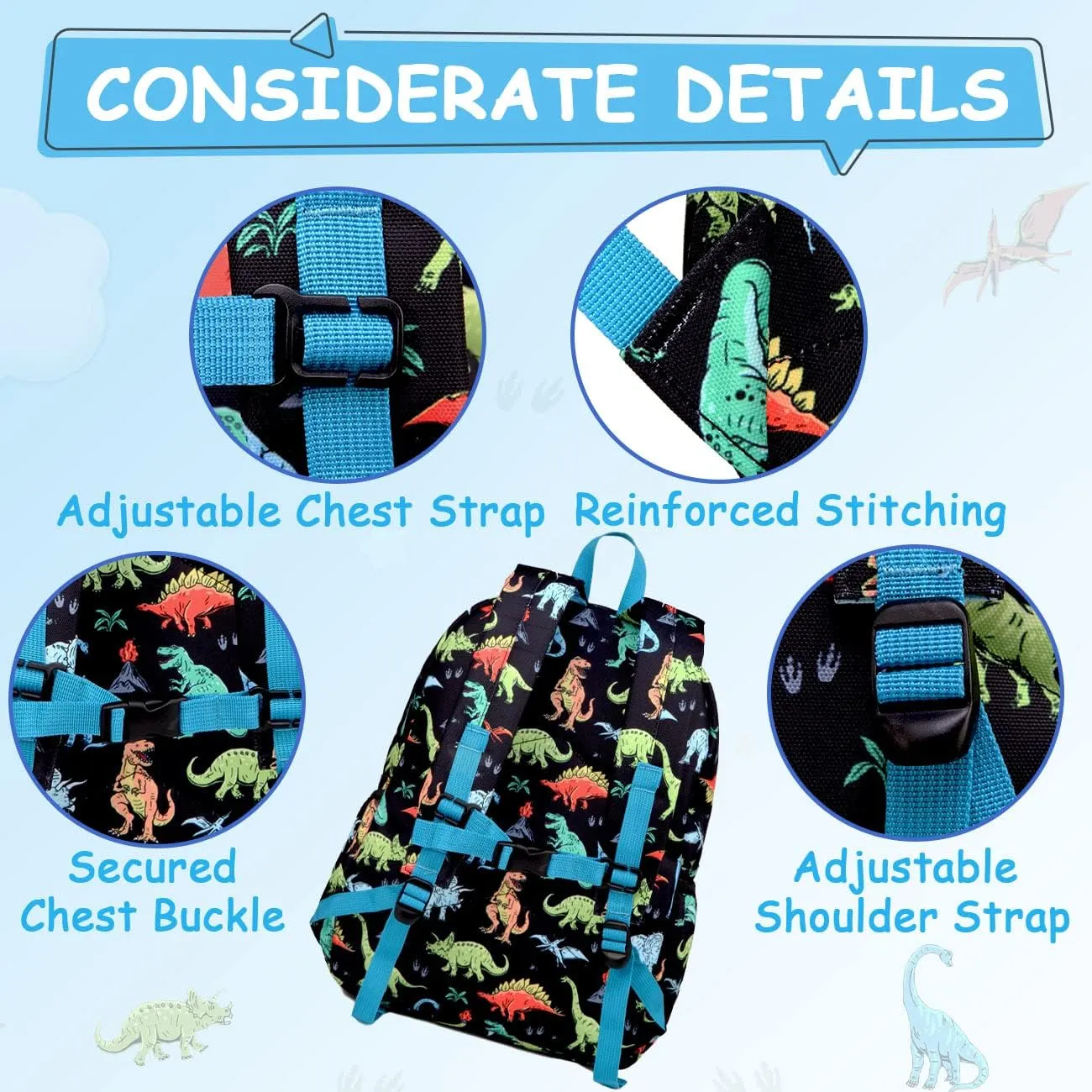 VASCHY Dinosaur Backpack for Boys, Kids Water Resistant Lightweight Backpack for Toddlers Daycare Preschool Blue