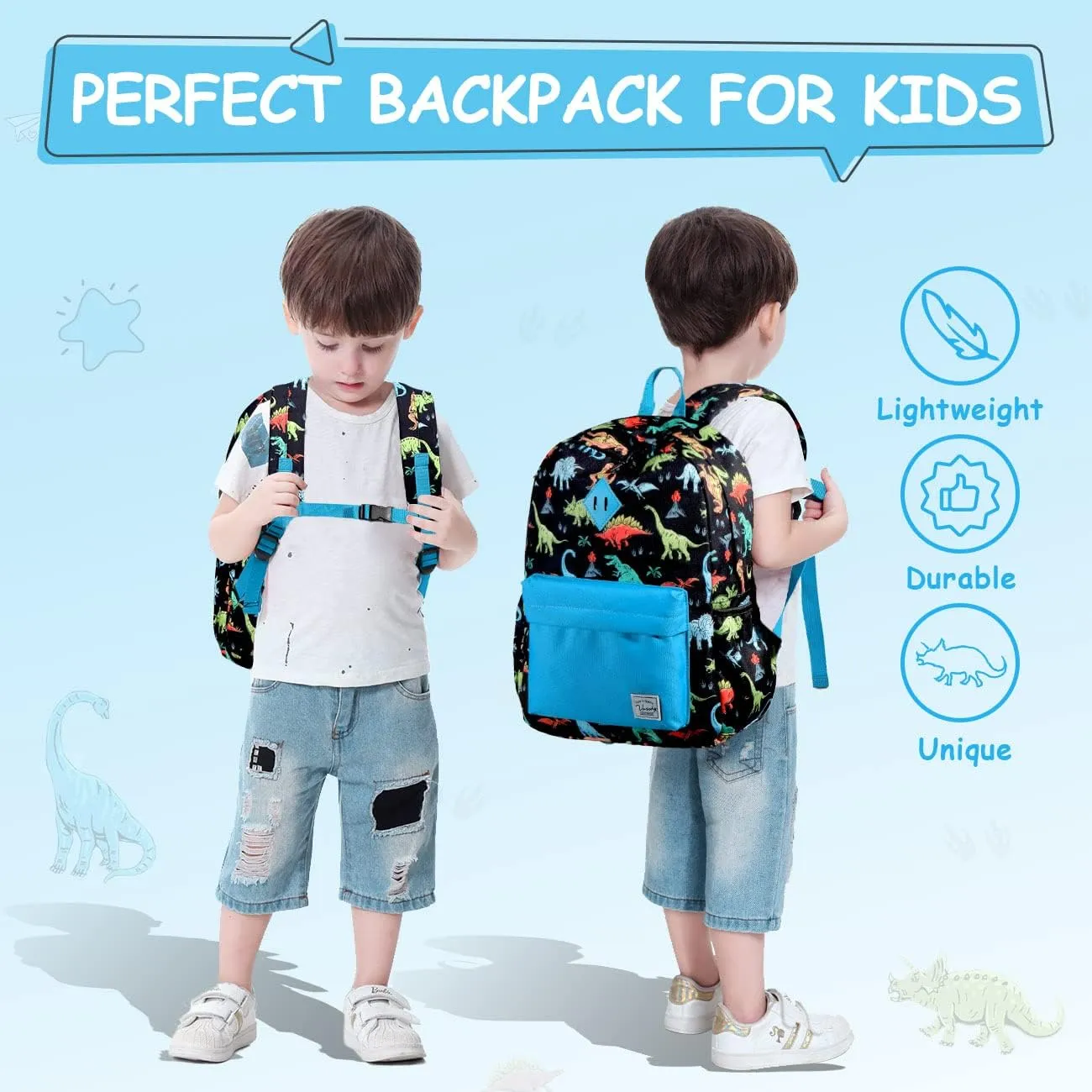 VASCHY Dinosaur Backpack for Boys, Kids Water Resistant Lightweight Backpack for Toddlers Daycare Preschool Blue